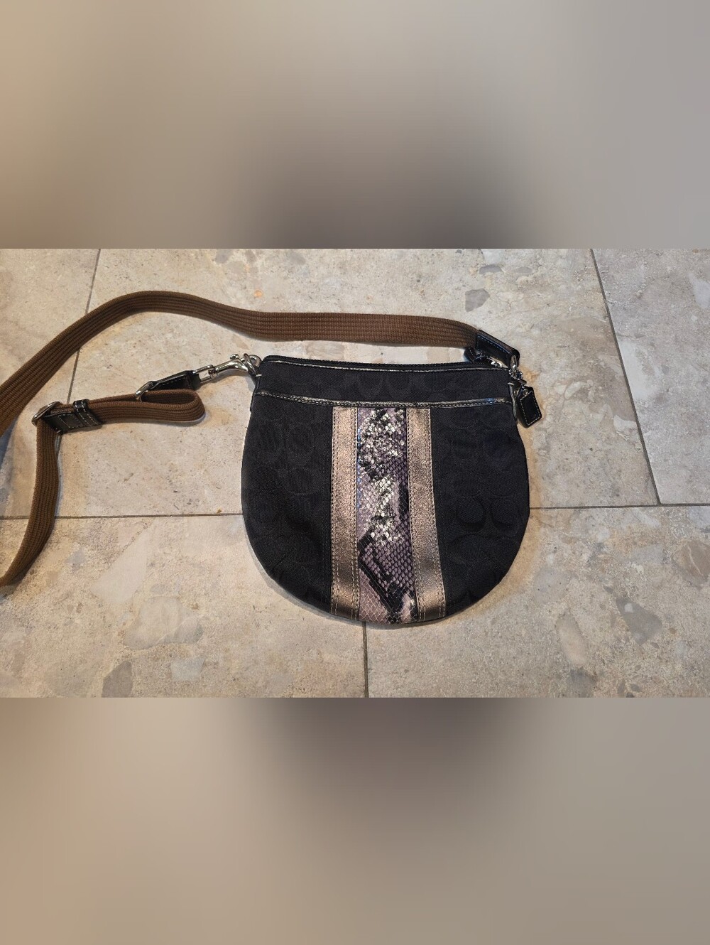 Coach Black Crossbody with Metallic Taupe and Snake-Print Accent